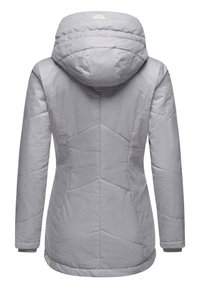 Gray insulated jacket with a hood, featuring a quilted design, textured fabric, curved hem, and elastic cuffs for a snug fit.