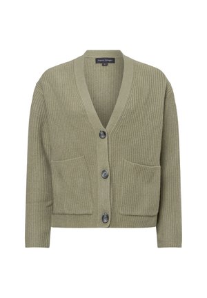 Olivgrüner Cardigan mit strukturiertem Strickmuster, V-Ausschnitt, vier Knöpfen und zwei vorderen Taschen.