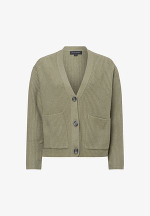Olijfgroene cardigan met een gestructureerd breipatroon, V-hals, vier knopen en twee voorkant zakken.