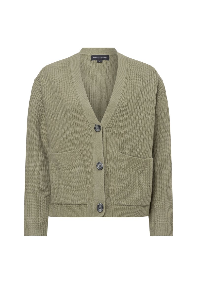 Olijfgroene cardigan met een gestructureerd breipatroon, V-hals, vier knopen en twee voorkant zakken.