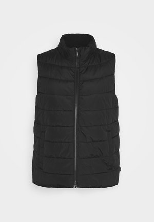 Black quilted sleeveless puffer vest with high collar, front zipper, and side pockets, displayed on a white background.