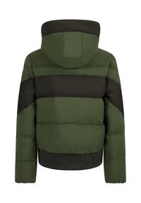 Pufferjack, groen en zwart kleurblokontwerp, met capuchon, met geborduurd textuur en elastische manchetten. Smooth stof zonder zichtbare hardware.
