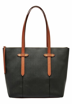 Zwarte tote bag met een soepele textuur, leren accenten en lange bruine hengsels. Beschikt over gouden hardware en een ritsluiting.