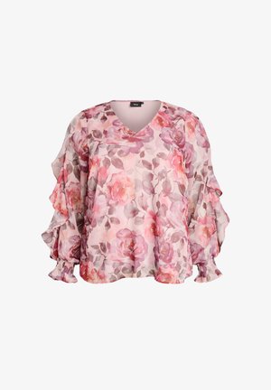 Blouse fluide rose à fleurs avec col en V, manches ballon volantées et poignets smockés.