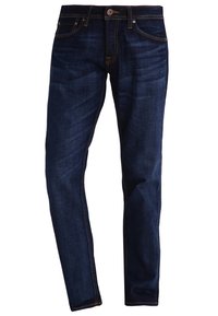 Jeans de mezclilla azul oscuro con un corte slim, que cuentan con costuras visibles, cierre de botones y un diseño de cinco bolsillos. Textura suave con un ligero brillo.