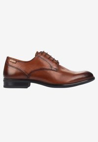Chaussure habillée en cuir marron avec un bout arrondi, un design à lacets à cinq œillets et une finition lisse. Présente une semelle extérieure en caoutchouc noire contrastante.