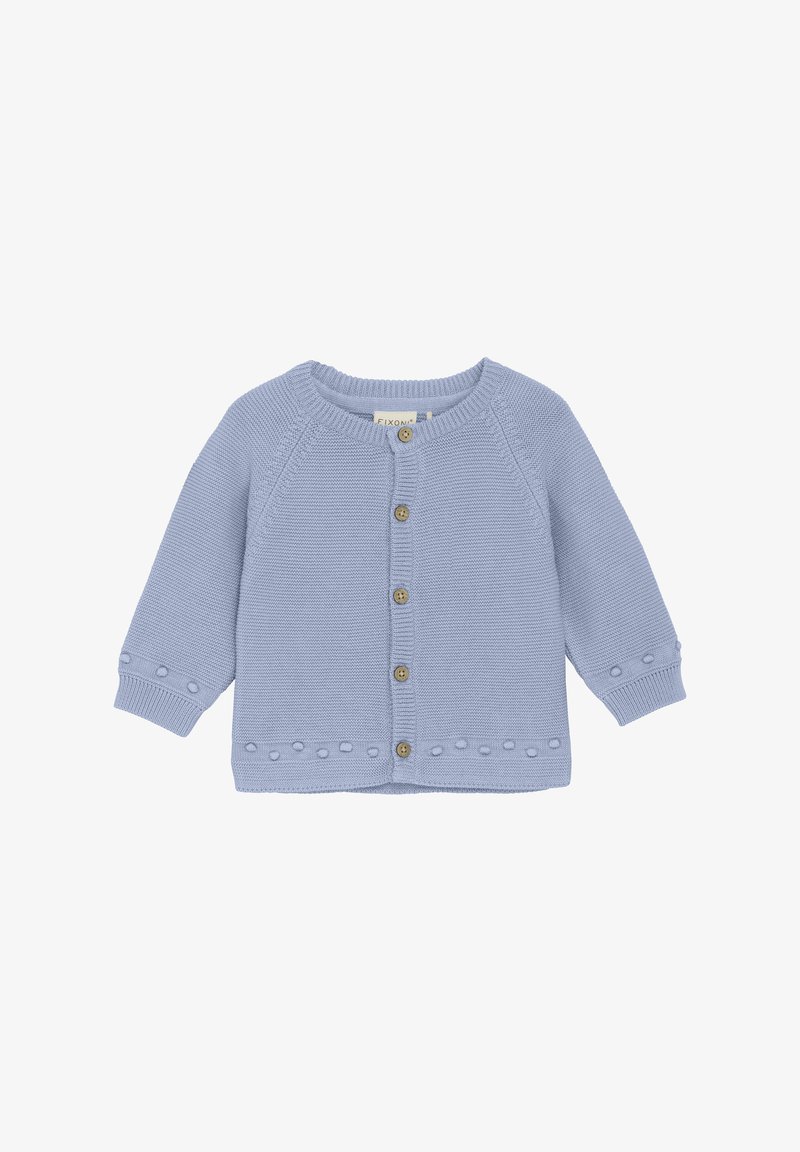Lichtblauwe gebreide cardigan met een ronde hals, vijf houten knopen en decoratieve bobbelaccenten op de manchetten en de zoom.