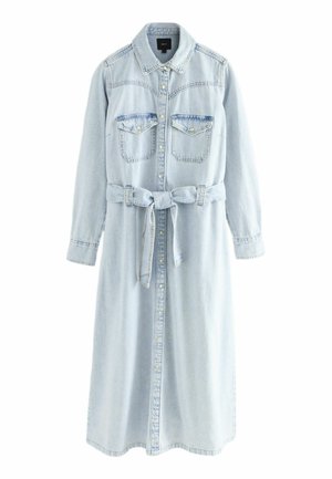 Light blue denim shirt dress, featuring a collar, long sleeves, two chest pockets, a belted waist, and button closures down the front.