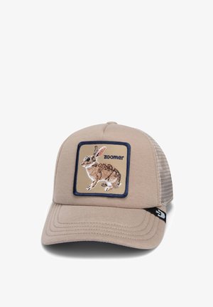 Beige cap with a structured front featuring an embroidered rabbit design and the text "zoomers." Mesh fabric on the back for breathability.
