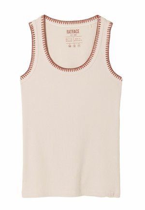 Sleeveless ribbed beige tank top with brown zigzag stitching around neckline and armholes, branded "FatFace" inside collar.