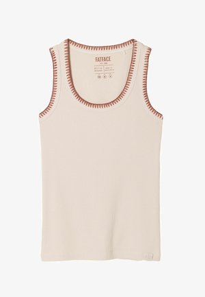 Sleeveless ribbed beige tank top with brown zigzag stitching around neckline and armholes, branded "FatFace" inside collar.