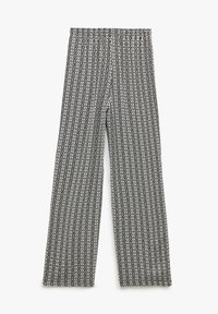 Zwart-witte gestreepte wijde broek met een elastische taille. Het ontwerp heeft zigzag- en golfmotieven en toont een lichtgewicht stof.