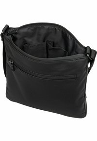 Borsa a tracolla nera realizzata in un tessuto resistente, dotata di un compartimento principale con cerniera, divisori interni e una tasca esterna con cerniera per lo stoccaggio.