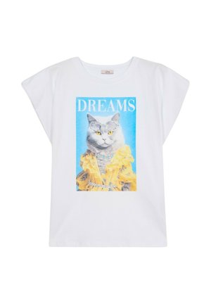 Weißes T-Shirt mit kurzen Ärmeln, das ein Grafikbild einer Katze in einem gelben Kleid zeigt. Darüber steht der Text "TRÄUME". Aus weichem Baumwollmaterial.