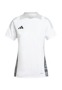 Maglia sportiva bianca realizzata in tessuto leggero, con accenti in rete grigia e logo nero. Maniche corte con design a collo rotondo.