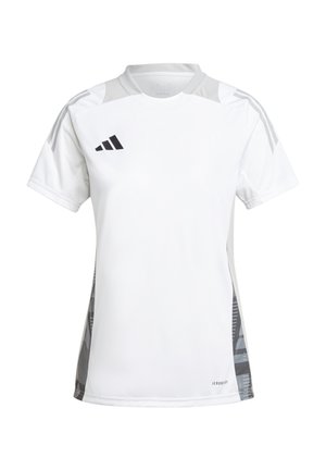 Maillot de sport blanc en tissu léger, avec des accents en maille grise et un logo noir. Manches courtes avec un design à col rond.