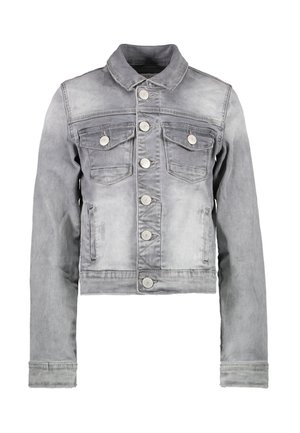 Graue Denimjacke mit zwei Brusttaschen, metallenen Knopfverschlüssen, klassischem Kragen und verkürztem Design. Ausgebleichtes Muster im gesamten Kleidungsstück.