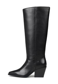 Bottes noires en cuir montantes avec un bout pointu, une texture lisse et un talon épais. Les coutures latérales ajoutent un intérêt subtil au design.