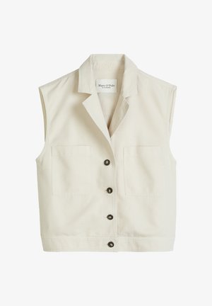 Ärmellose beige Weste mit Reverskragen, vier dunklen Knöpfen vorne und zwei aufgesetzten Brusttaschen, mit Marc O'Polo Etikett.
