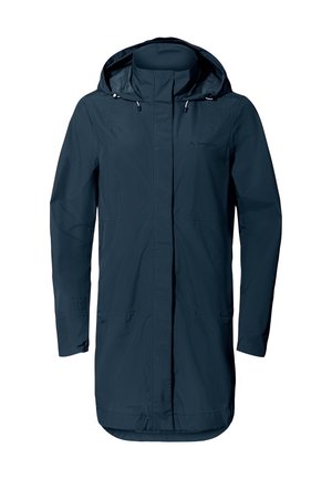 Marine waterdichte regenjas met een capuchon, volledige lengte voorkant rits, twee voorkuiten en een iets verlengde rug voor extra bedekking.