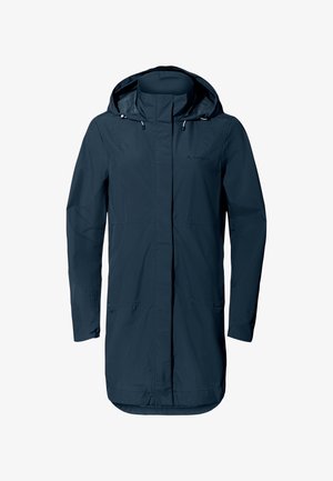 Marine waterdichte regenjas met een capuchon, volledige lengte voorkant rits, twee voorkuiten en een iets verlengde rug voor extra bedekking.