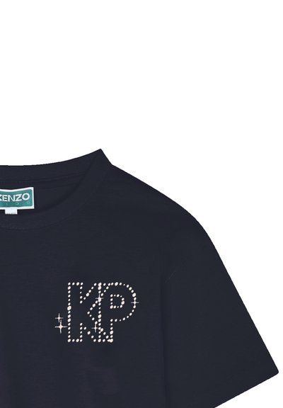 T-shirt en coton bleu marine avec un logo "KP" orné de strass sur la poitrine, doté d'un col rond classique et de manches courtes.
