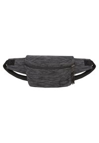Černá ledvinka vyrobená z texturované tkaniny, s kapsou na zip a nastavitelnými popruhy. Nášivka s logem na přední straně. Kompaktní design.