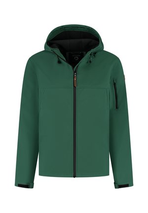 Groene waterdichte jas met capuchon, ritssluiting, twee voorzakken en een ritszak op de mouw. Bevat zwarte accenten en elastische manchetten.