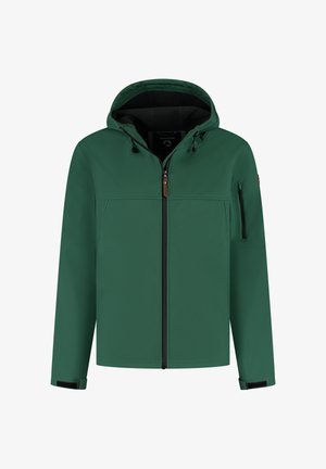 Groene waterdichte jas met capuchon, ritssluiting, twee voorzakken en een ritszak op de mouw. Bevat zwarte accenten en elastische manchetten.