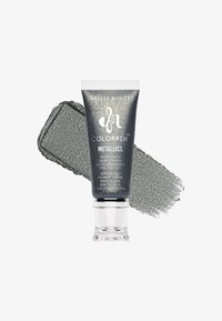 Waterdichte crème pigment in een metallic grijze tube met zilveren accenten, naast een swatch van glinsterende metallic grijze textuur.