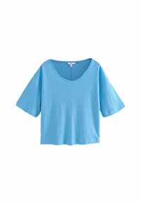 T-shirt a maniche corte, azzurro chiaro. Realizzato in tessuto morbido, presenta un'ampia scollatura e un design a vestibilità morbida. Semplice, senza grafiche o motivi.
