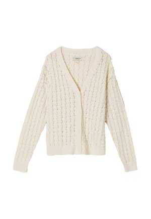 Cardigan tricotat de culoare crem, cu mâneci lungi, decolteu în V, închidere cu nasturi și un model texturat delicat pe toată suprafața.