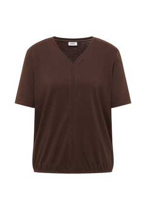 Bruine blouse met korte mouwen en V-hals, voorzien van een middennaad en een licht geplooide zoom, van het merk Cecil.