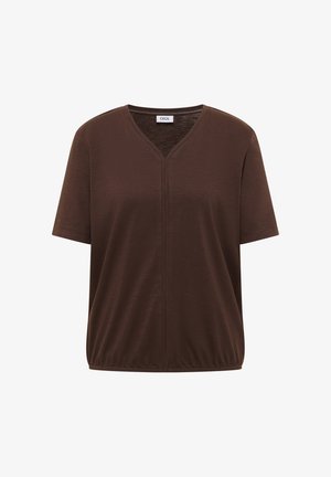 Bruine blouse met korte mouwen en V-hals, voorzien van een middennaad en een licht geplooide zoom, van het merk Cecil.