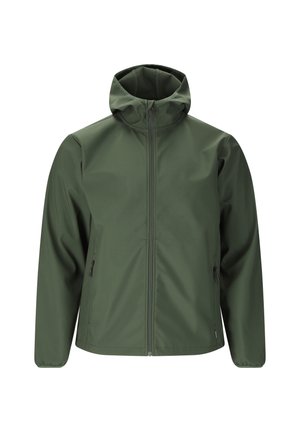 Veste imperméable à capuche de couleur vert olive avec fermeture éclair frontale et poches latérales zippées, dotée de poignets élastiques et d'un col montant.