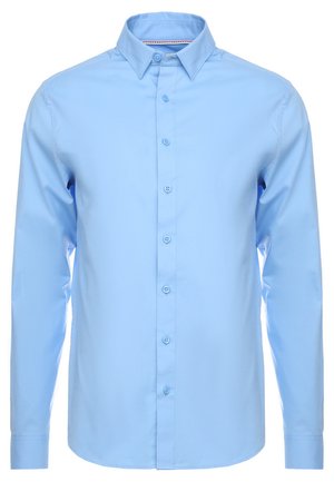 Heleda sinine pikakäine särk nööpidega kraega, esise nööpkinna ja sileda puuvillase tekstuuriga.