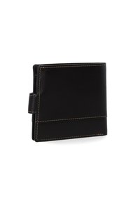 Černá kožená peněženka s horizontálním skládáním, kontrastním béžovým prošíváním a slotem na kartu, s hladkým povrchem a minimalistickým designem.