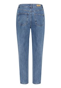 Plave traperice s ravnim krojem, visoki struk, stražnji džepovi i teksturirana površina. Minimalistički dizajn bez ukrasa.