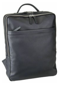 Sac à dos en cuir noir avec une texture lisse, fermeture à double zip, poche avant et poignée supérieure pour le transport. Design simple et minimal.