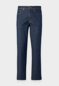 Dark blue jeans made of denim with a straight-leg cut, featuring a button closure, five pockets, and contrasting stitching details.
