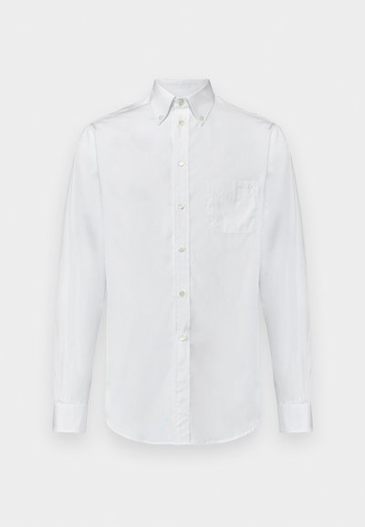 White long-sleeve shirt made of cotton, featuring a button-down collar, a single chest pocket, and a smooth texture.