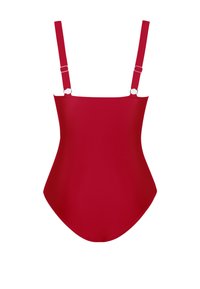 Červený jednodílný plavky s nastavitelnými ramínky a hladkým, matným povrchem. Design má vysoký výstřih na nohách a jednoduchou, elegantní siluetu.