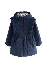 Giacca con cappuccio blu navy con rifiniture a volant, zip dorata e foderatura floreale. Presenta polsini elasticizzati e una vita arricciata per una silhouette definita.