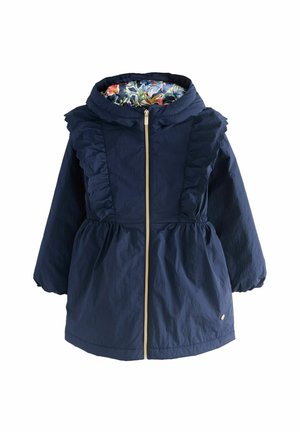 Marineblaue Kapuzenjacke mit Rüschensaum, goldfarbenem Reißverschluss und floralem Futter. Sie verfügt über elastische Bündchen und eine geraffte Taille für eine definierte Silhouette.