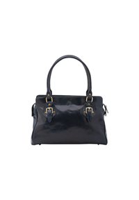 Borsa a tracolla in pelle blu navy con forma strutturata, due manici superiori, dettagli in metallo dorato e superficie texturizzata. Chiusura con zip laterale.