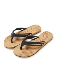 Black leather thong sandals with a bamboo footbed featuring a light brown botanical pattern and a black rubber sole.