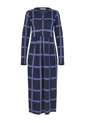 Jurk met lange mouwen in marineblauw met een contrasterend lichtblauw ruitpatroon, voorzien van een knoopsluiting aan de voorkant en een geplooide rok.