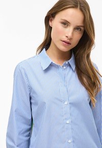 Sinivalkoraidallinen nappipaita kauluksella, jossa on pitkät hihat ja kankaassa on hienoinen kiilto.