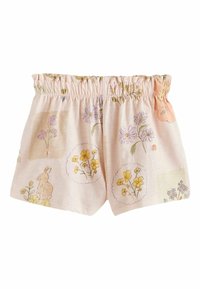 Hellrosa Shorts mit einem gerafften, elastischen Bund, verziert mit Blumen- und Hasenmotiven in Gelb, Lila und grünen Details.