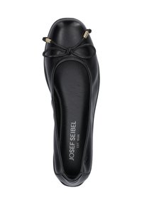 Czarne skórzane baleriny z zaokrąglonym noskiem, małym detalem w postaci kokardki oraz złotą hardware. Gładka tekstura i minimalistyczny design.